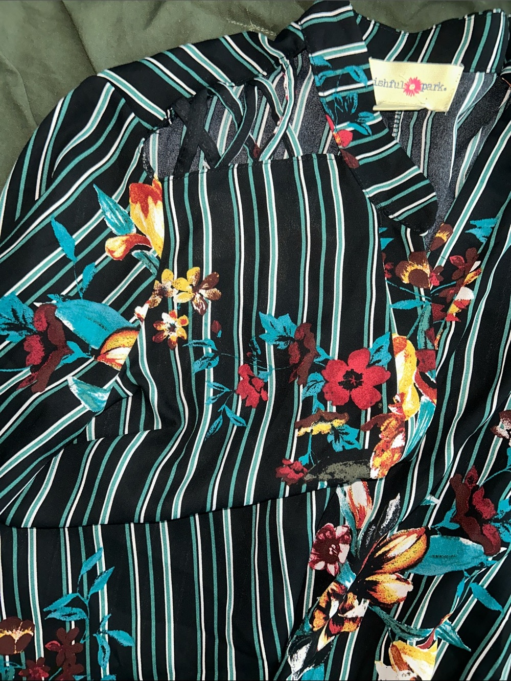 Wishful Park Black Striped V-Neck Tunic with Teal & Multi Floral Print - Picture 4 of 4